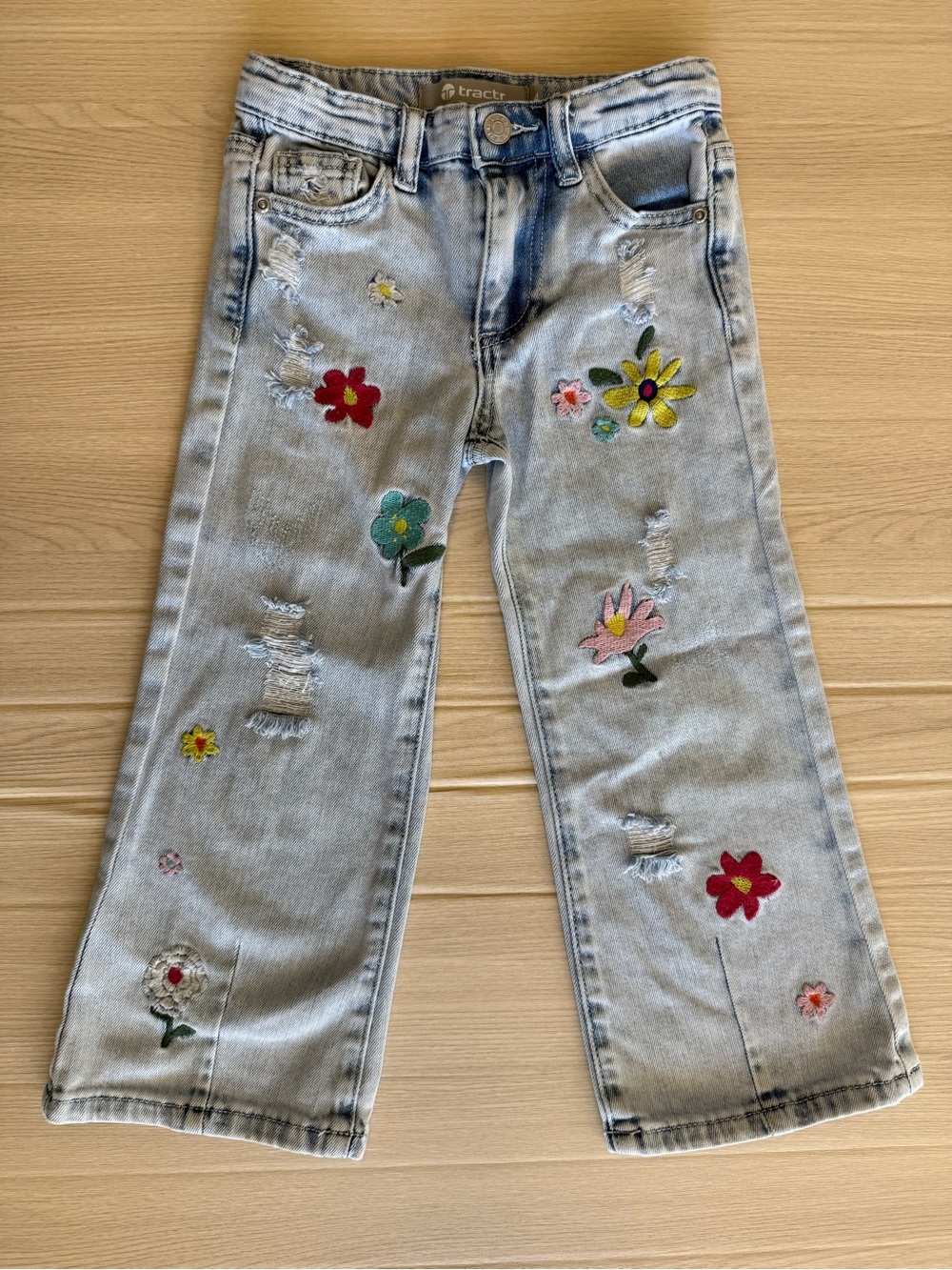 Tractr Girls Embroidered Floral Distressed Jeans Straight Leg Denim Size 4